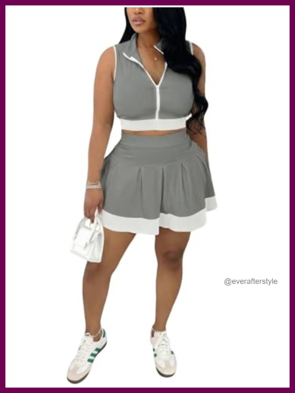 2 Piece Skirt Set Zip Crop Top Pleated Mini Tennis Workout